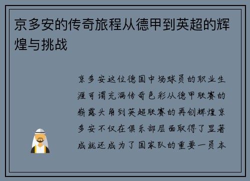 京多安的传奇旅程从德甲到英超的辉煌与挑战