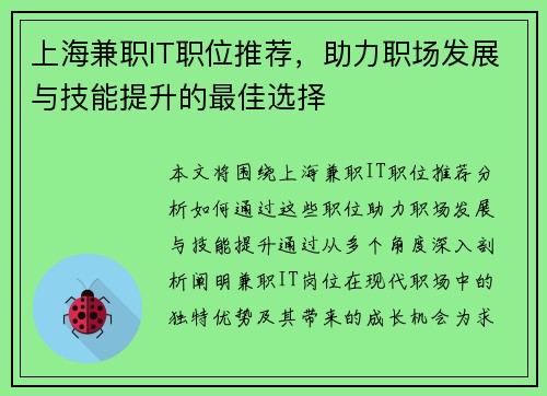 上海兼职IT职位推荐，助力职场发展与技能提升的最佳选择