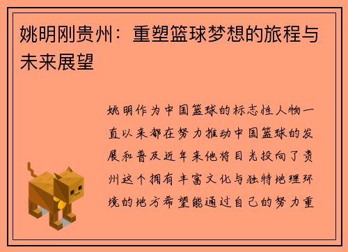 姚明刚贵州：重塑篮球梦想的旅程与未来展望